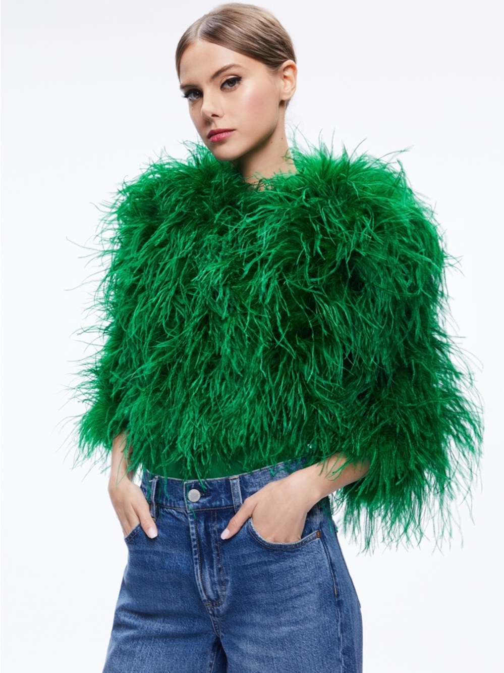 Alice + Olivia KIDMAN FEATHERED JACKET SIZE L Vibrant Green Feather Crop Top